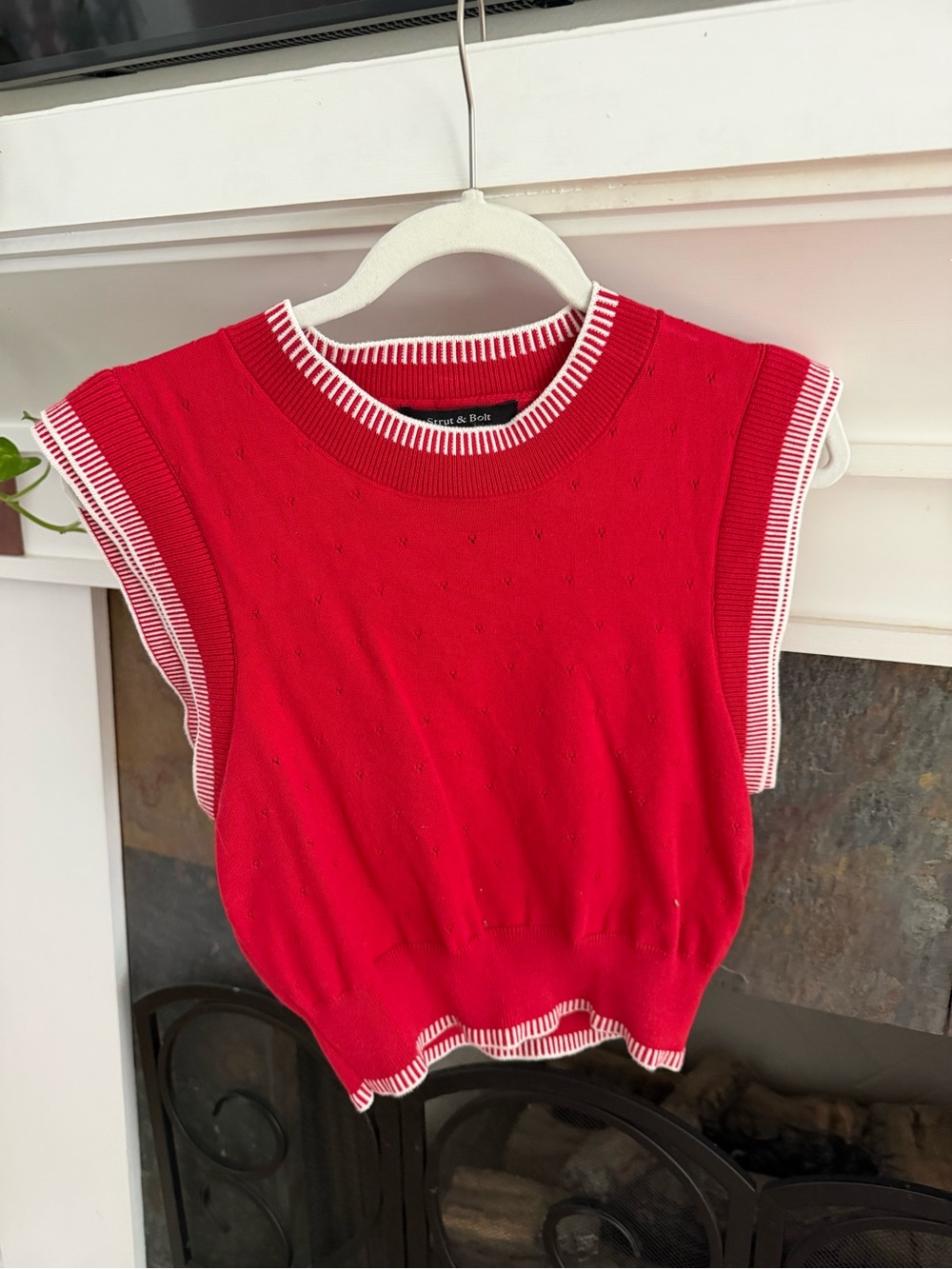 Cropped Red Knit Sleeveless Sweater Top - Classic Stripe Trim